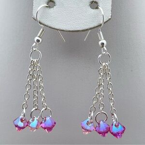 Stunning Silver Plated Pink Swarovski Triple Chain Dangle Earrings